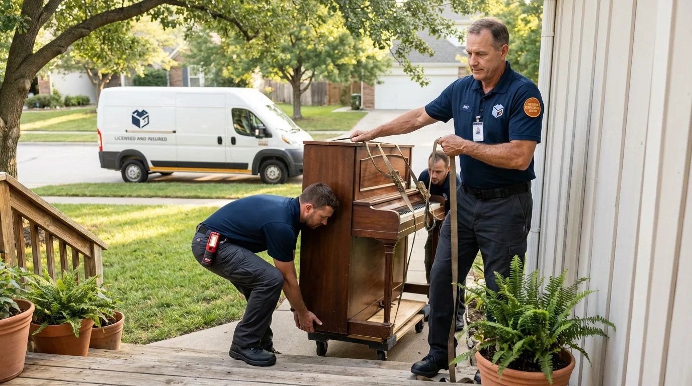 Licensed piano movers securing grand piano in Perry Hall, MD