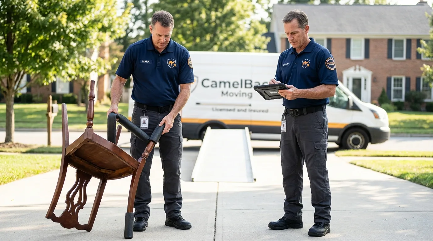 Movers inspecting furniture for damage prevention before loading in Perry Hall, MD