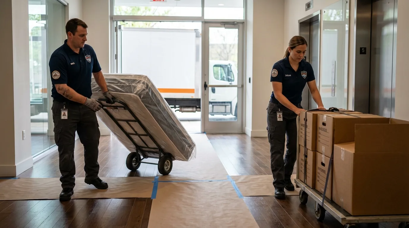 Professional apartment movers loading elevator in Perry Hall, MD